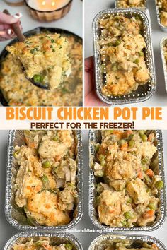 chicken pot pie in tins with text overlay that reads biscuit chicken pot pie perfect for the freezer