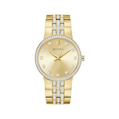 This boxed set from the Bulova Crystal collection epitomizes smart style. The watch features a 40mm gold-tone stainless steel case, elegant crystal-set bezel, and a radiant champagne dial with gold-tone accents and 11 crystal hour markers. Crystals on the gold-tone stainless steel bracelet complement the case and dial, while the fold-over buckle closure with pushers ensures a perfect fit. The timepiece is water-resistant and has a mercury-free battery. Completing the sophisticated set is a cross Boxed Set, Crystal Set, Watch Box, Crystal Collection, Steel Bracelet, Stainless Steel Bracelet, Stainless Steel Case, Cross Pendant, Time Piece