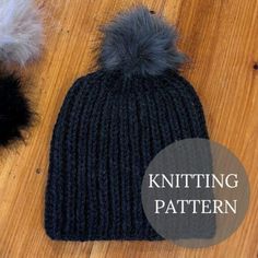 two knitted hats sitting on top of a wooden floor next to each other with the words knitting pattern below it