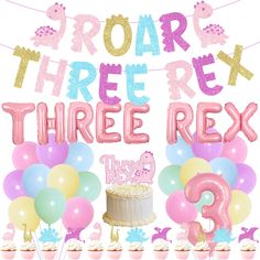 there is a birthday cake with balloons and streamers in the background that says roar three red