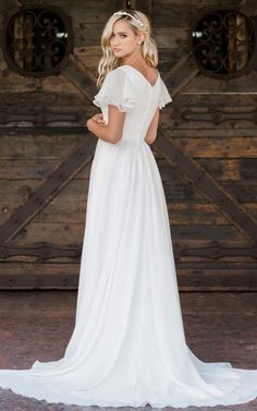 Liora | A Line V-neck Chiffon Floor-length Brush Train Short Sleeve We Wedding Dress With Ruffles, Ruffle Wedding Dress, Chiffon Wedding Dress, Wedding Dress Train, Dress With Ruffles, Dresses Cheap, Sleeve Wedding Dress