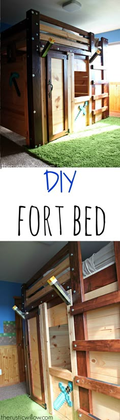 the diy fort bed is made out of pallet wood and has an attached storage compartment