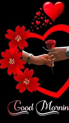 good morning images with red flowers and two hands holding each other in the shape of a heart