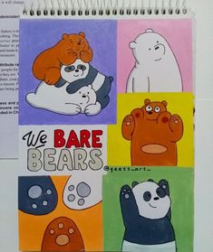 an open spiral notebook with bear images on the front and back cover, along with words that read we bare bears