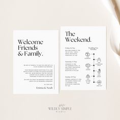 two brochures with the words welcome friends and family written on them in black ink