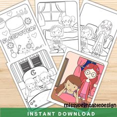 three coloring pages with cartoon characters on them and the text instant printable for kids to color