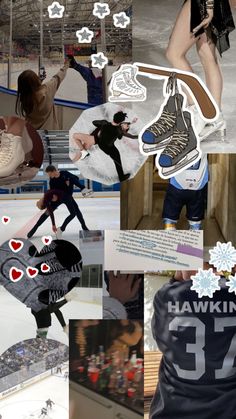 the collage shows many different images of people skating on ice rinks and wearing sports gear