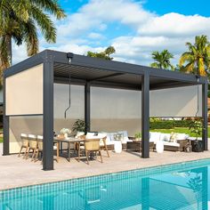 a covered patio next to a swimming pool