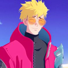 an anime character with blonde hair and glasses wearing a pink coat, looking at the camera