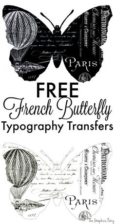 the french butterfly typograph transferer is shown in black and white, with an image of a hot air balloon