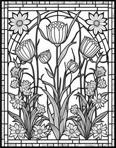 a stained glass window with flowers in it