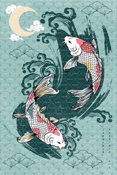 two koi fish swimming in the water under a cloudy sky with moon above them