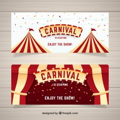 two circus banners with red and white striped tents