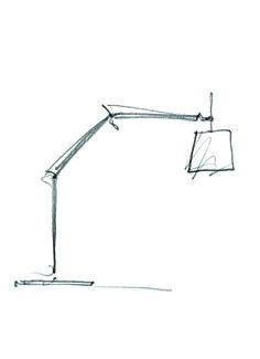 a black and white drawing of a desk lamp on a table with the light turned off