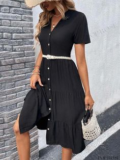 Poprose - V-Neck Casual Midi Dress with Short Sleeves Black Short Sleeve V-neck Dress For Day Out, Black V-neck Short Sleeve Dress For Day Out, Black V-neck Midi Dress For Summer, Black Mini V-neck Dress For Day Out, Casual Black Short Sleeve V-neck Dress, Casual Black V-neck Dress For Day Out, Fitted Black V-neck Beach Dress, Black Short Sleeve V-neck Dress For Spring, Black V-neck Dress With Short Sleeves For Spring