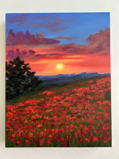 a painting of a sunset over a field of flowers