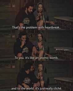 two people sitting next to each other in front of a brick wall with the caption that reads, that's the problem with heartbeat break