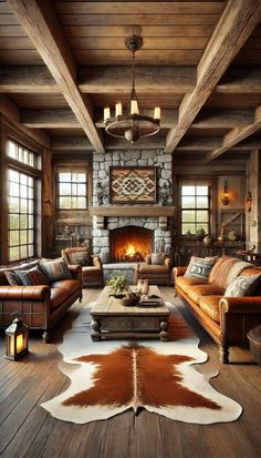 a living room with couches, chairs and a fire place in the fireplace area