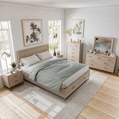 a large bed sitting inside of a bedroom on top of a hard wood floor next to two windows