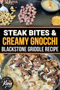 steak bites and creamy gnocchii in a skillet with text overlay