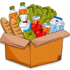 a box full of food and drinks with the words food bank in front of it