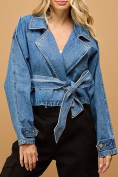 Details -CROPPED DENIM TRENCH JACKET-SELF WAIST TIE-OVERSIZE Content + Care 96%cotton 1%viscose 3%spandex Modest Winter Outfits, Nyc Winter Outfits, Bodycon Dresses Casual, Fall Dress Outfit, Baseball Mom Shirts, Denim Chic, Trench Jacket, Cropped Denim Jacket, Dresses To Wear To A Wedding