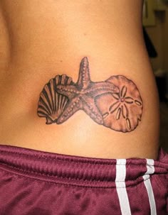 a woman's stomach with a starfish and shell tattoo on her lower back