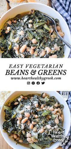 two bowls filled with beans and greens next to bread