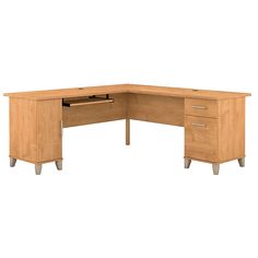 an l - shaped desk with two drawers is shown