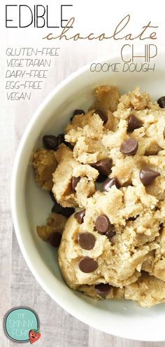 chocolate chip cookies in a white bowl on top of a wooden table with text overlay