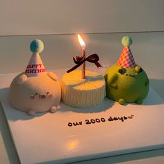 three birthday cakes sitting on top of a white plate