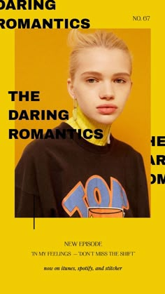 a woman with blonde hair is wearing a black shirt and has the words daring romantics on it