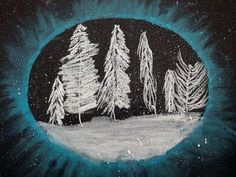 a drawing of trees in the snow on a black and white background with blue hues