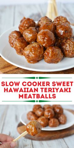 slow cooker hawaiian teriyaki meatballs on a white plate with chopsticks