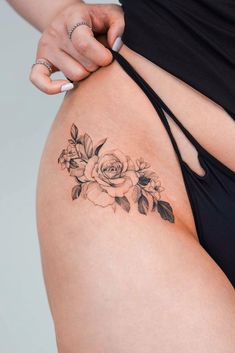 Small Thigh Tattoos, Flower Hip Tattoos, Tummy Tattoo, Delicate Tattoos For Women, Floral Thigh Tattoos, Hip Thigh Tattoos, Hip Tattoos, Stylist Tattoos