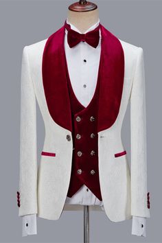 Nathanael White Jacquard Three Pieces Wedding Groom Mens Suits with Velvet Lapel | Allaboutsuit White Festive Tuxedo For Formal Occasions, Festive White Tuxedo For Formal Occasions, Festive White Formal Tuxedo, Elegant Red Three-piece Suit For Wedding, White Groom's Suit For Festive Occasions, Luxury Red Tuxedo For Wedding, Red Wedding Suit And Tie Accessories, Festive Three-piece Suit For Groom, Festive Three-piece Suit For Grooms