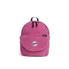 a small pink backpack with black straps and a white logo on the front, sitting against a white background