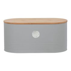 a grey and wooden box with a lid