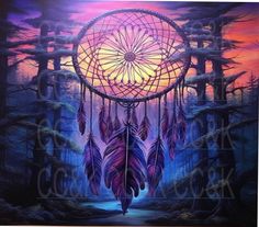 a painting of a dream catcher in the woods