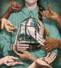 a woman holding a bird in a cage surrounded by hands