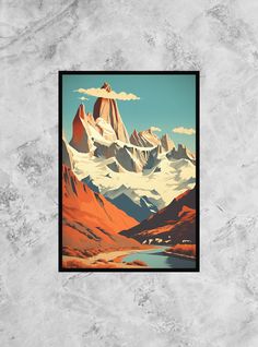 a painting of mountains with water and clouds in the sky on a marble wall background