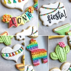 several pictures of decorated cookies that say love fiesta