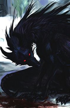 a black dragon with red eyes sitting on the ground