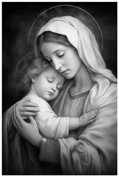 a black and white drawing of the virgin mary holding a baby jesus in her arms