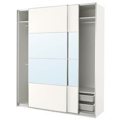 PAX / MEHAMN/AULI armoire portes coulissantes, blanc double face/blanc verre miroir, 200x66x236 cm. Garantie 10 ans gratuite. Renseignements complets dans notre livret de garantie. Adaptez facilement cet agencement à vos besoins et à vos goût à l'aide du planificateur PAX. Pieds réglables assurant la stabilité même sur sols irréguliers. Portes coulissantes ne nécessitant aucun espace de dégagement devant le meuble. La fermeture silencieuse est intégrée aux rails et freinent les portes lorsqu'ell Dressing Ikea, Powder Coating Wheels, Armoire Pax, Pax System, Double Wardrobe, Sliding Wardrobe Doors, Pax Wardrobe, Plastic Shelves, Plastic Edging