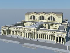 an architectural model of a large building with columns and arches on the roof, along with windows