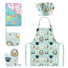 the children's apron and bib set is designed to look like animals