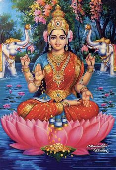 the hindu goddess sitting on top of a pink flower