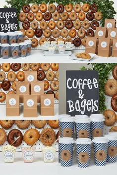 coffee and bagels are displayed in front of a wall full of donuts, cups, and napkins