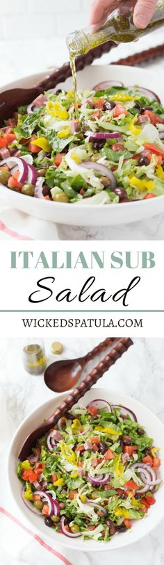 a salad is being served in a white bowl with the words italian sub salad on it